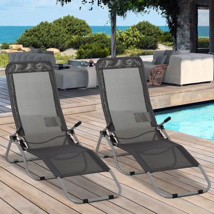 Outsunny Set of 2 Outdoor Patio Chaise Recliner Portable Lounge Chairs w/ Rust-Resistant Steel Frame & Adjustable Backrest, Grey 