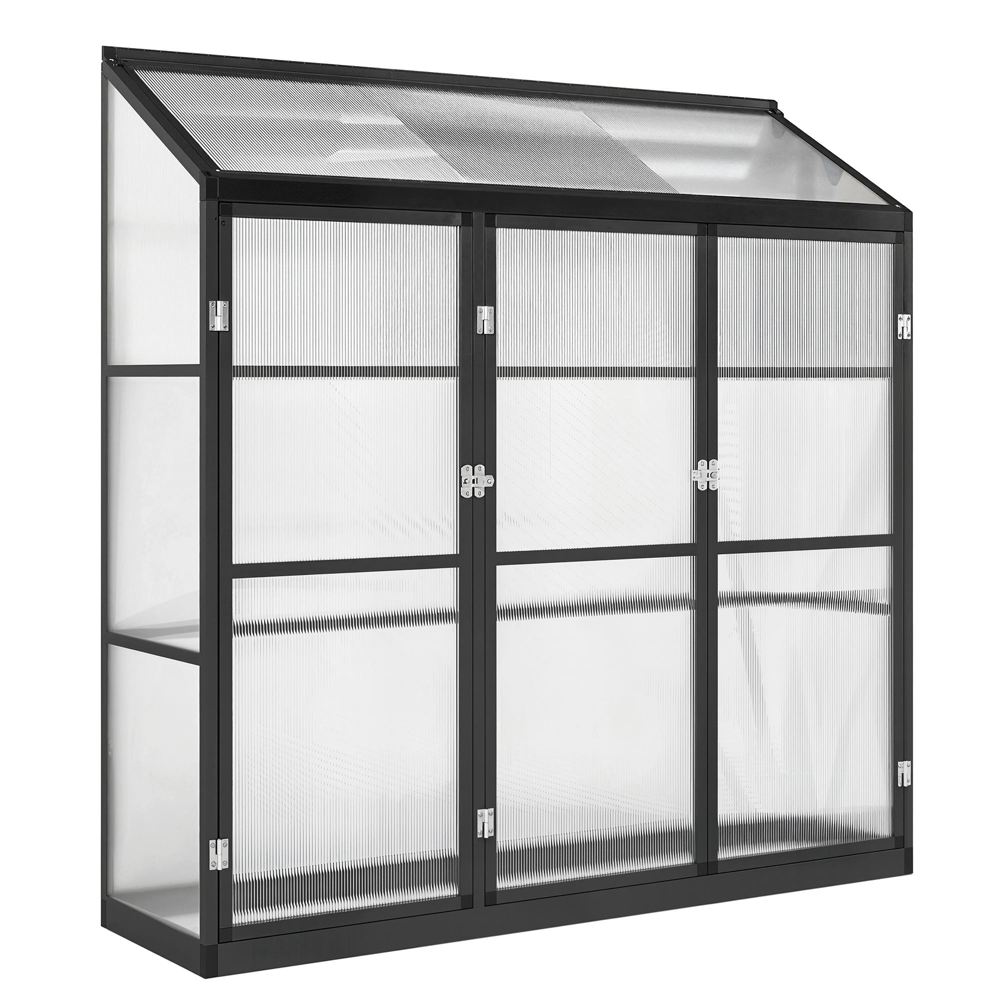 Outsunny Polycarbonate Greenhouse with 3 Hinged Doors, Top Vent, Lean-to Green House, Walk-in Greenhouse, 6 x 1.5ft, Black 