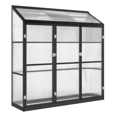 Outsunny Polycarbonate Greenhouse with 3 Hinged Doors, Top Vent, Lean-to Green House, Walk-in Greenhouse, 6 x 1.5ft, Black 