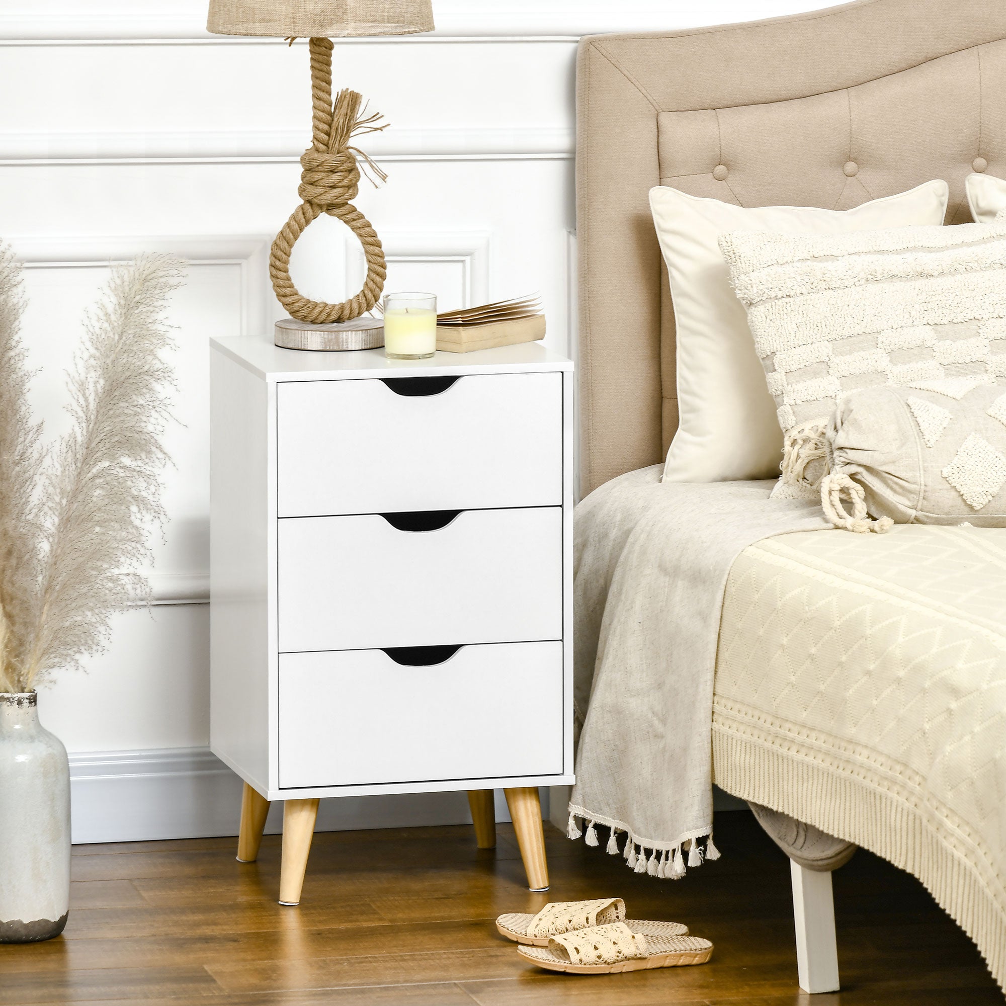 HOMCOM Set of 2 Bedside Tables, Modern Nightstand Side End Table with 3 Storage Drawers and Solid Pine Wood Legs for Bedroom Living Room Entryway, White 
