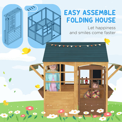 AIYAPLAY Wooden Playhouse for Kids, Foldable Wendy House with Windows, Working Door, Service Stations, Rain Covers, Brown 