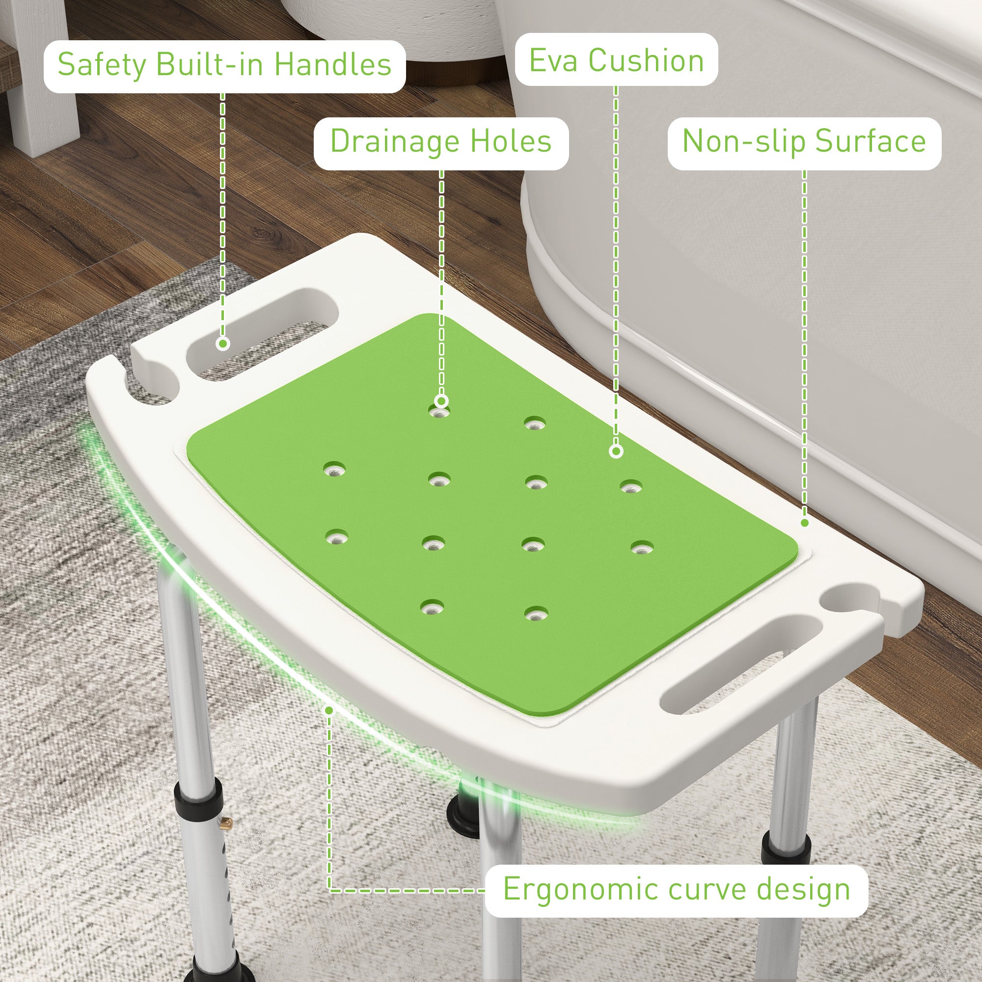 HOMCOM 6-Level Height Adjustable Aluminium Bath Room Stool Chair Shower Non-Slip Design w/ Padded Seat Drainage Holes Foot Pad, Green 