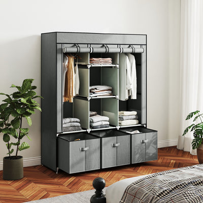 HOMCOM Fabric Wardrobe for Bedroom, Portable Wardrobe with 5 Shelves, 2 Hanging Rails and 3 Fabric Drawers, Foldable Closet, 125 x 43 x 162.5cm, Light Grey 