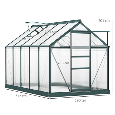 Outsunny 6 x 10ft Polycarbonate Greenhouse, Large Walk-In Green House with Slide Door and Window, Garden Plants Grow House with Aluminium Frame and Foundation, Dark Green 