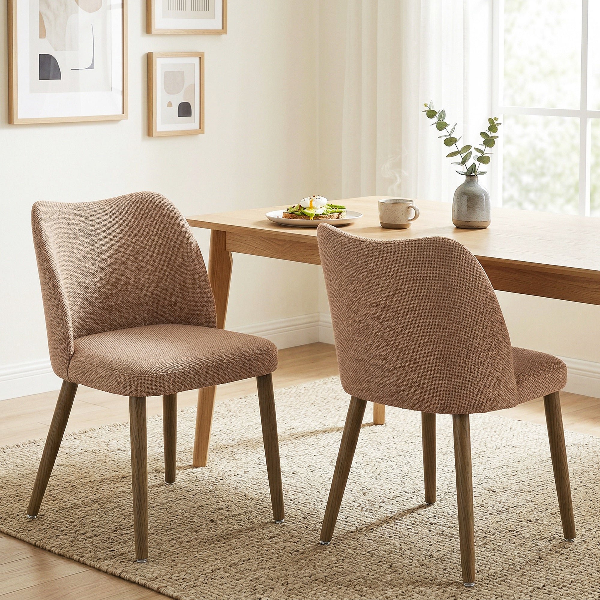 HOMCOM Dining Chairs Set of 2, Linen Upholstered Kitchen Chairs with Padded Seat, Curved Backrest, Rubberwood Legs, Brown 