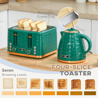 HOMCOM 3000W 1.7L Rapid Boil Kettle & 4 Slice Toaster, Kettle and Toaster Set with 7 Browning Controls and Crumb Tray, Green 