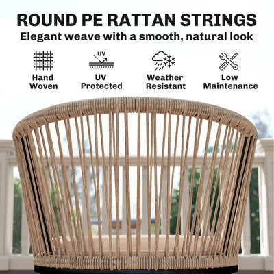 Outsunny Garden Chairs Set of 2, Rattan Garden Dining Chairs with String Back Armrests, Cushions, Natural Wood Finish 