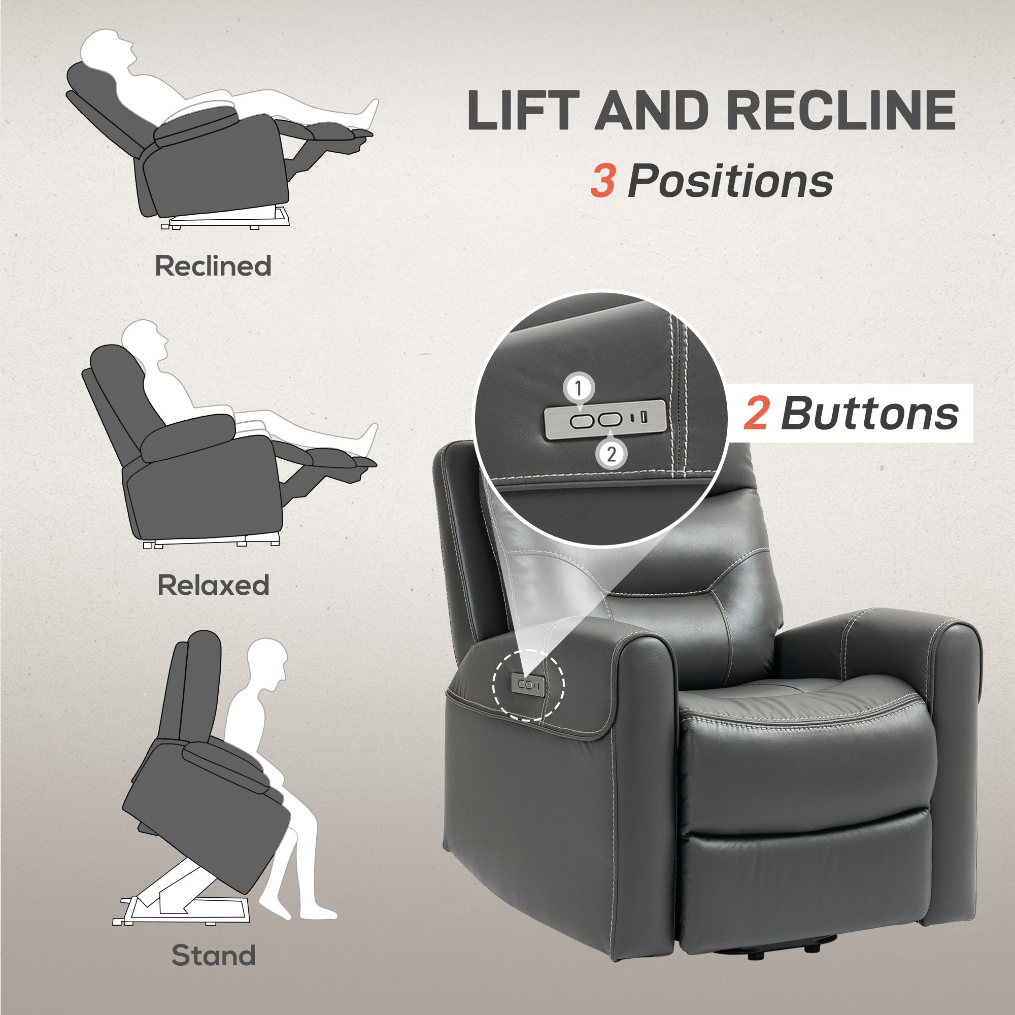 HOMCOM Power Lift Recliner Chair for Elderly, Overstuffed Faux Leather Riser and Reclining Chair with USB A+C Ports, Remote Control, Recliner Armchair for Living Room, Charcoal Grey 