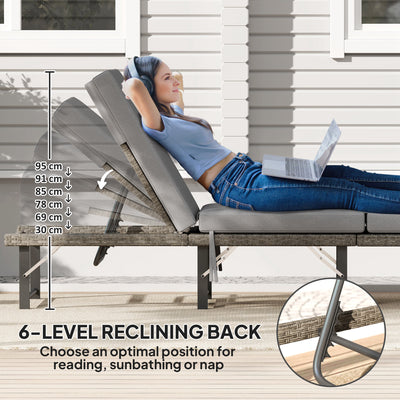 Outsunny Single Folding Rattan Sun Lounger, with Cushion - Grey 