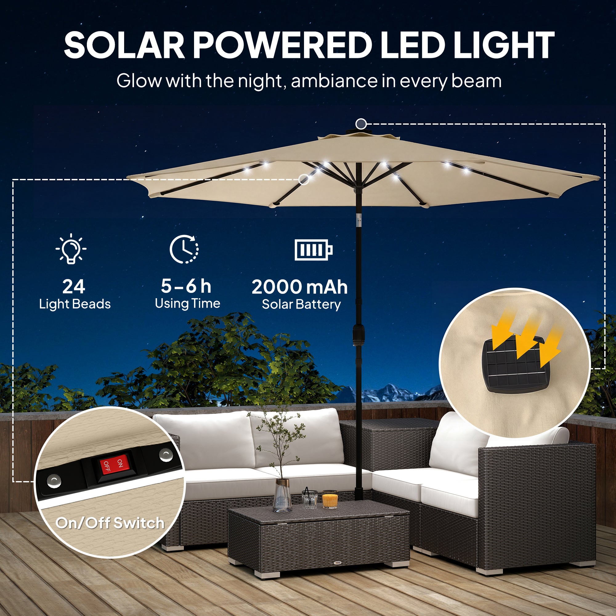 Outsunny 2.6 m Garden Parasol Umbrella with LED Solar Light, Parasol Cover, Outdoor Market Patio Umbrella, Beige 