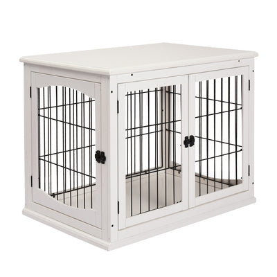 PawHut Dog Crate Furniture, Puppy Crate End Table, Pet Kennel House with 2 Doors for Medium and Small Dogs, 81 x 58.5 x 66 cm, White 