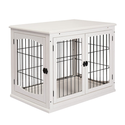 PawHut Dog Crate Furniture, Puppy Crate End Table, Pet Kennel House with 2 Doors for Medium and Small Dogs, 81 x 58.5 x 66 cm, White 