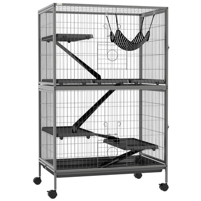 PawHut Small Animal Cage for Chinchilla Ferret Kitten on Wheels with Hammock Removable Tray, Grey 