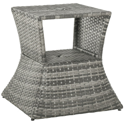 Outsunny Outdoor Patio Rattan Wicker Coffee Table Bistro Side Table w/ Umbrella Hole and Storage Space, Grey 