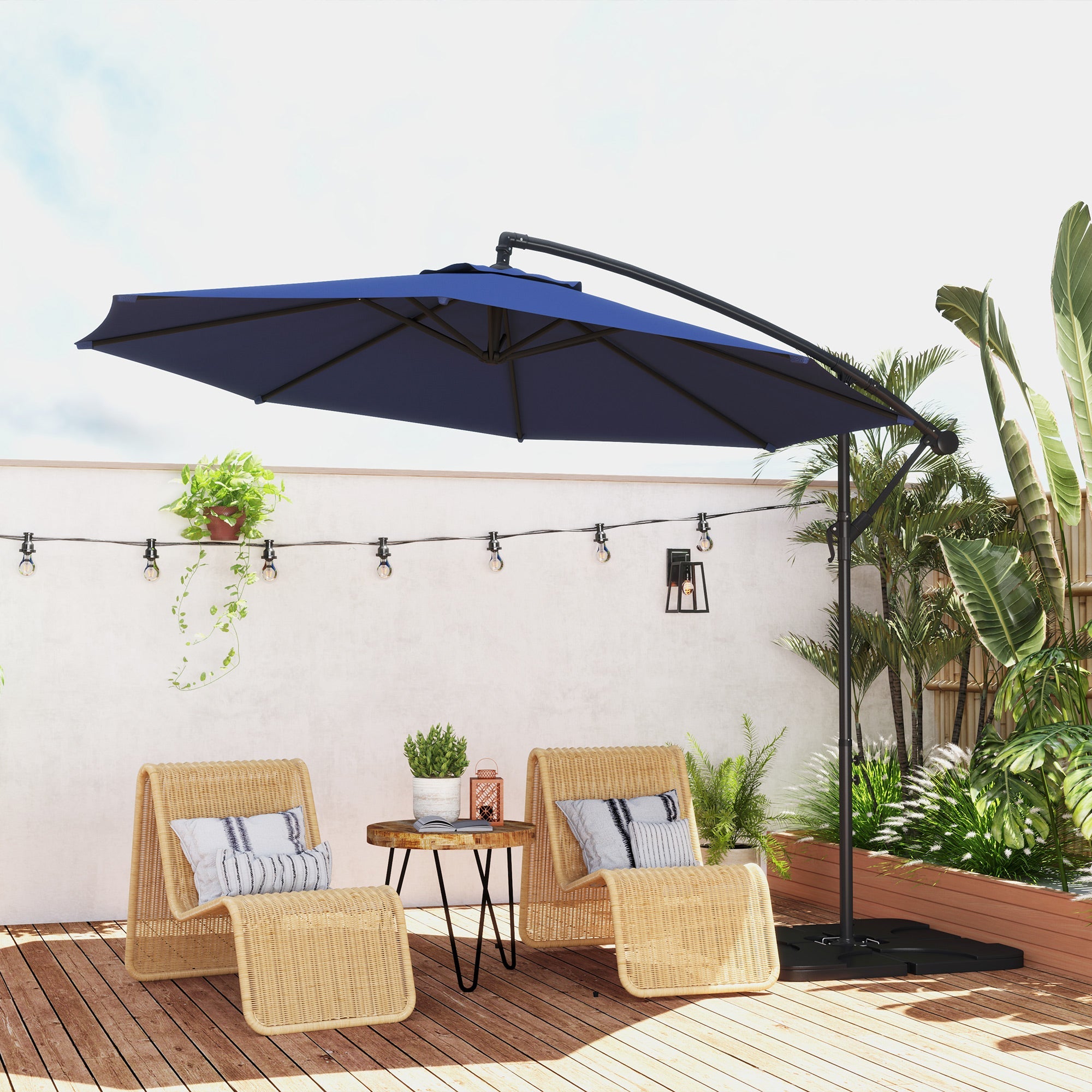 Outsunny 3m Overhanging Parasol, with Base, Weights and Cover - Blue 