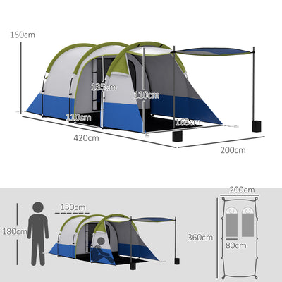 Outsunny Three Man Two-Room Tent, with Porch and Accessories - Green 