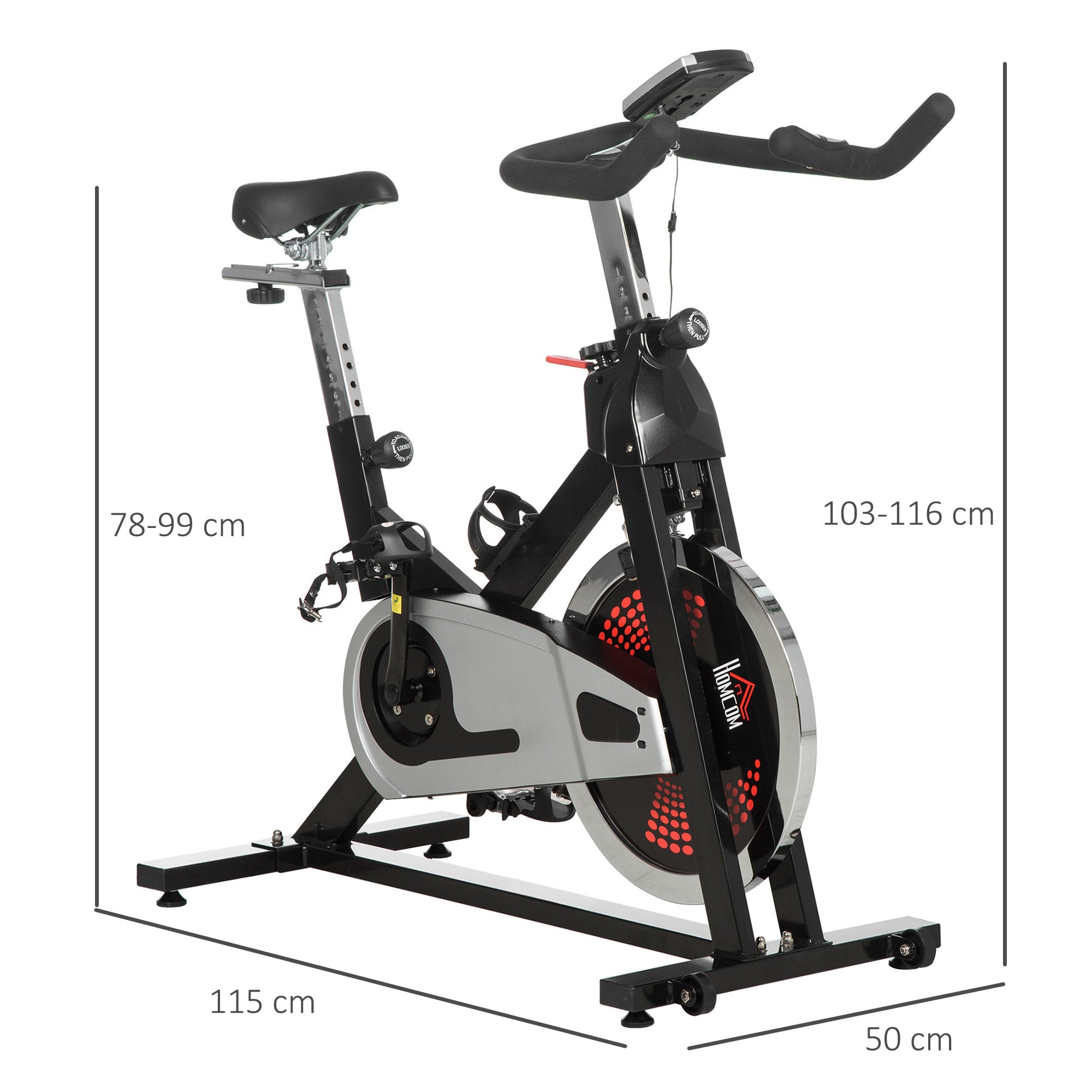 HOMCOM Indoor Exercise Bike, Stationary Bike, Cycling Machine with Adjustable Seat & Resistance, Wheels, 18kg Flywheel, Cup Holder and LCD Monitor