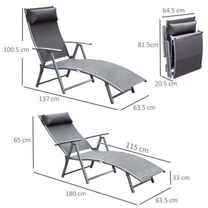 Outsunny Sun Lounger Steel Frame Outdoor Folding Chaise Texteline Lounge Chair Recliner with Headrest & 7 Levels Adjustable Backrest, Grey 