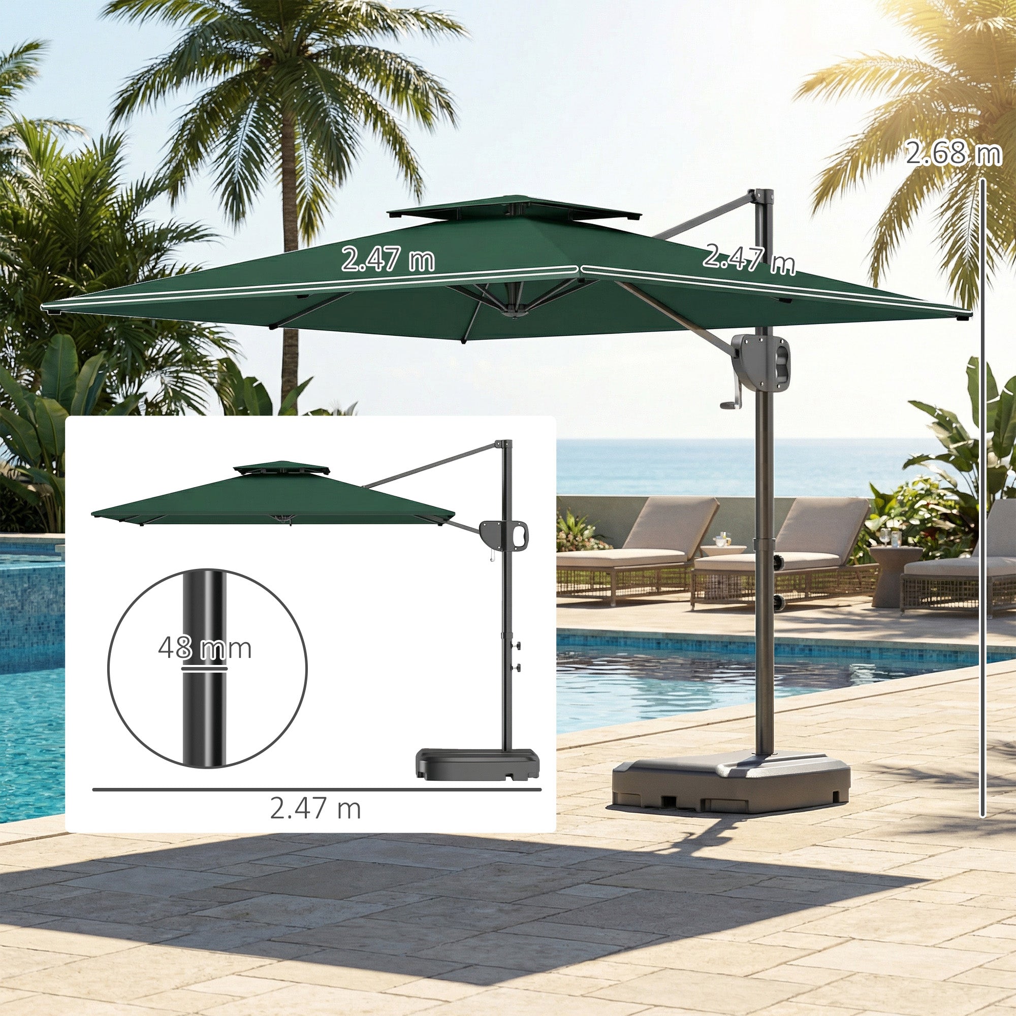 Outsunny Cantilever Parasol with Weighted Base Double Top Garden Parasol Square Hanging Patio Umbrella with Crank Tilt Dark Green 