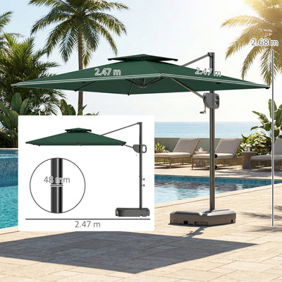 Outsunny Cantilever Parasol with Weighted Base Double Top Garden Parasol Square Hanging Patio Umbrella with Crank Tilt Dark Green 