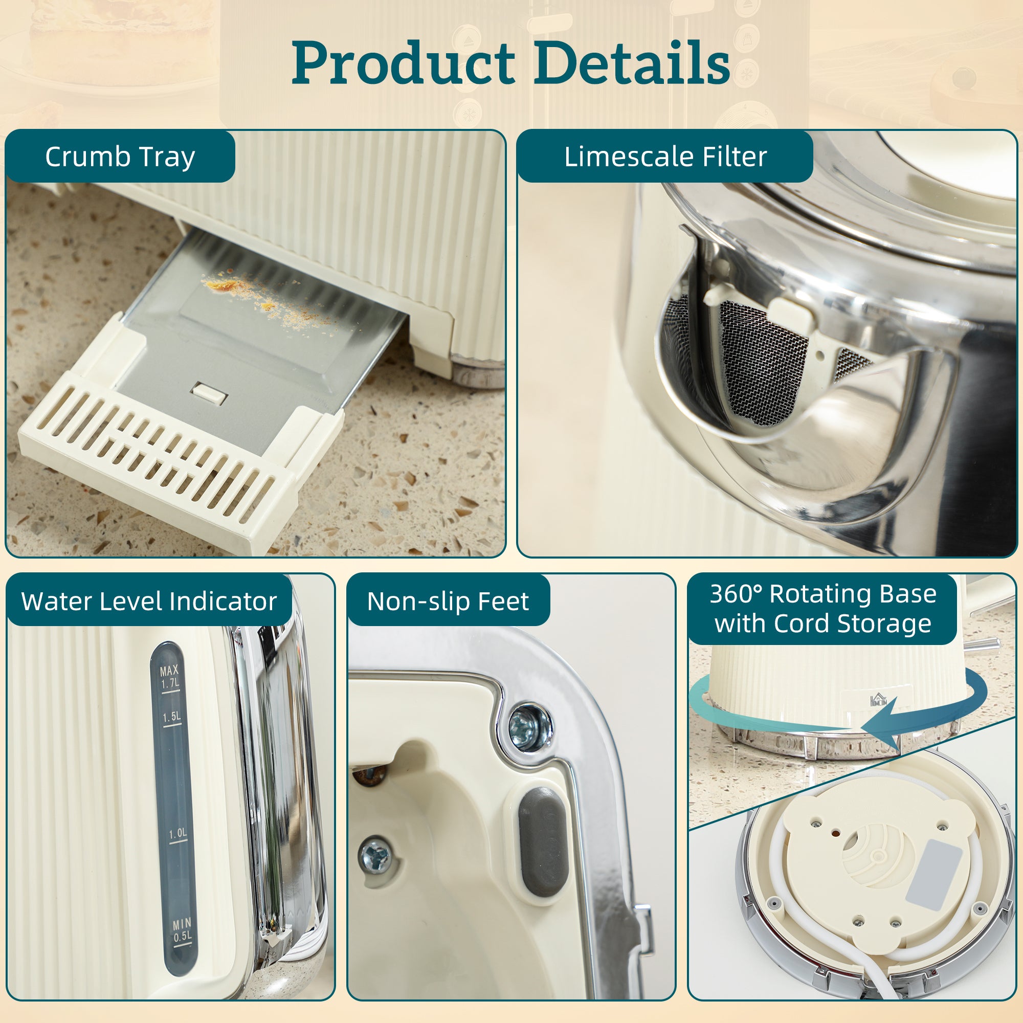 HOMCOM Electric Stainless Steel Kettle and Toaster Set, 3000W 1.7L UK Strix Thermostat Fast Boil Kettle w/ Limescale Filter, Cool Touch Body, 4 Slice Toaster with 7 Browning Levels, Crumb Tray, Cream