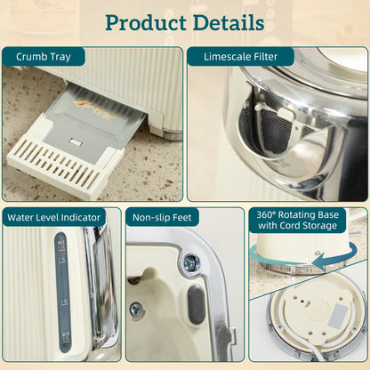 HOMCOM Electric Stainless Steel Kettle and Toaster Set, 3000W 1.7L UK Strix Thermostat Fast Boil Kettle w/ Limescale Filter, Cool Touch Body, 4 Slice Toaster with 7 Browning Levels, Crumb Tray, Cream