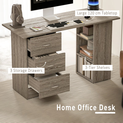 HOMCOM Computer Desk, Writing Table, PC Workstation with 3 Storage Shelves and Drawers, Silver Handle, for Home Office, Grey 