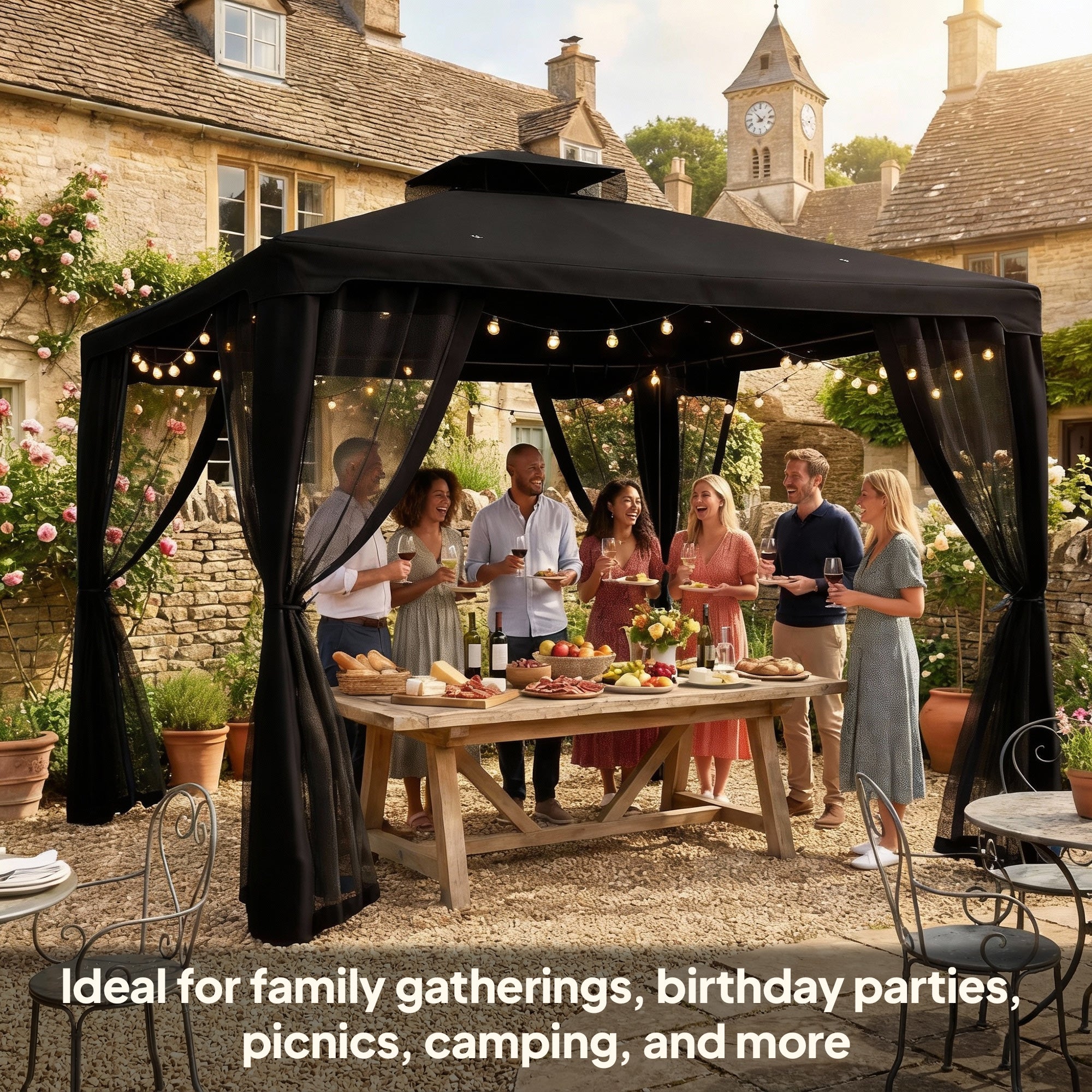 Outsunny 3 x 3 m Metal Gazebo, Garden Pavillion, Double Roof Outdoor Canopy Shelter with Mesh Sidewalls, Black 
