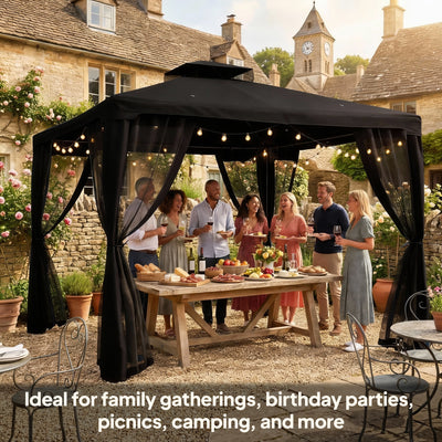 Outsunny 3 x 3 m Metal Gazebo, Garden Pavillion, Double Roof Outdoor Canopy Shelter with Mesh Sidewalls, Black 