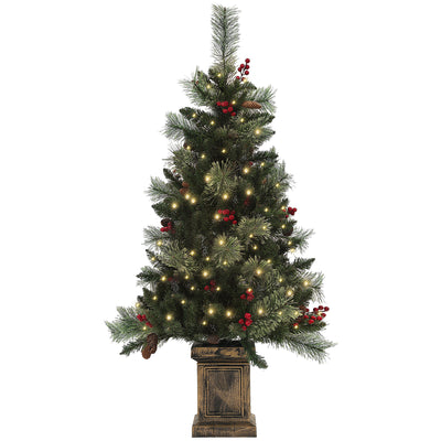 HOMCOM 1.2m/4ft Artificial Christmas Tree with 100 Warm White LED Lights and 8 Modes, Small Xmas Tree with Red Berries, Pine Cones and Retro Base, Green 