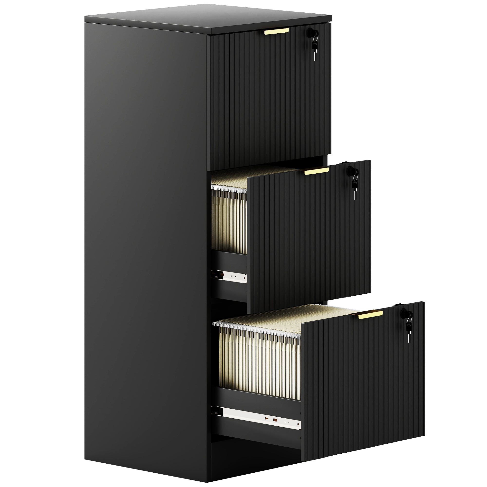 HOMCOM Filing Cabinet, Fluted Vertical File Cabinet with 3 Lockable Drawers and Hanging Rails, Black 