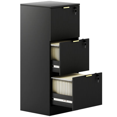 HOMCOM Filing Cabinet, Fluted Vertical File Cabinet with 3 Lockable Drawers and Hanging Rails, Black 