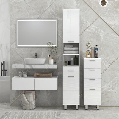 kleankin 71" Tall Slim Bathroom Storage Cabinet, Tall Narrow Cupboard with Drawer, Open Shelves, 2 Doors Cabinets and Adjustable Shelves for Kitchen, Hallway, Living Room, High Gloss White 