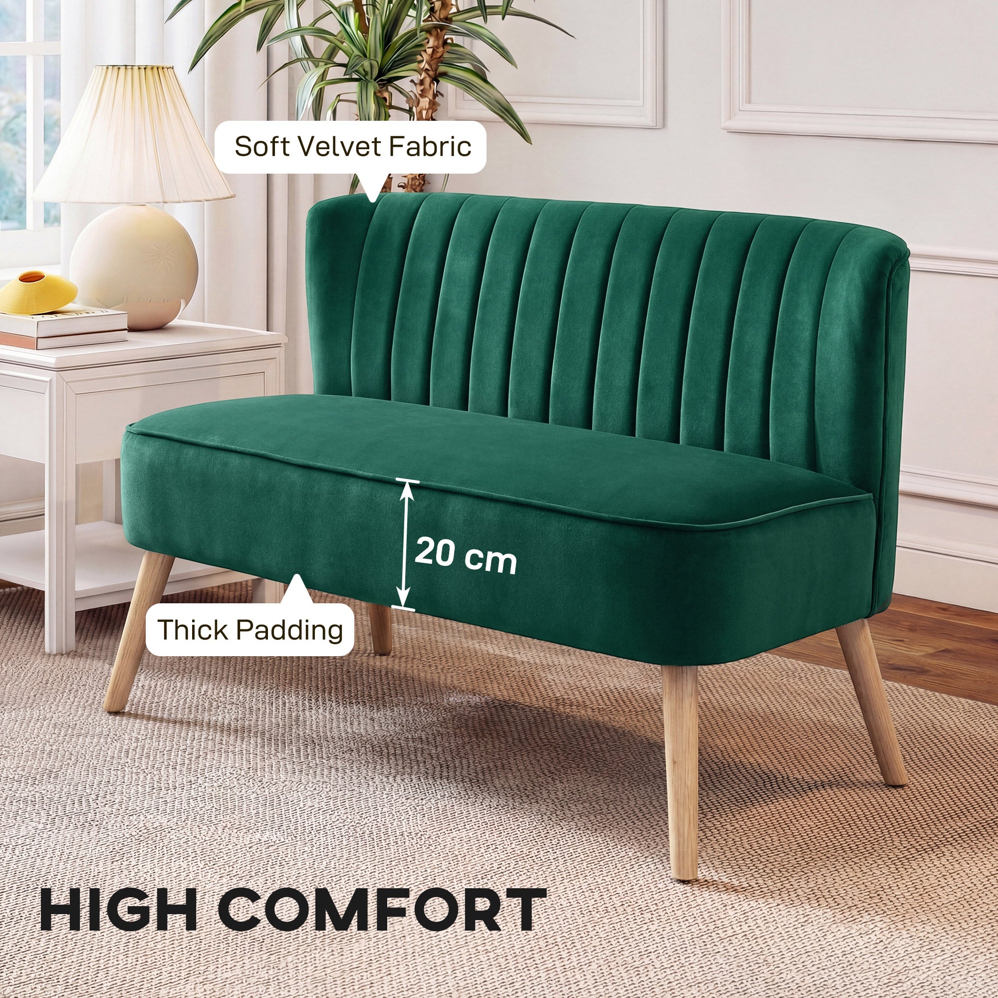 HOMCOM 117cm Loveseat Sofa Upholstered Small 2 Seater Sofa  with Thick Padded Seat and Rubber Wood Legs, Dark Green 