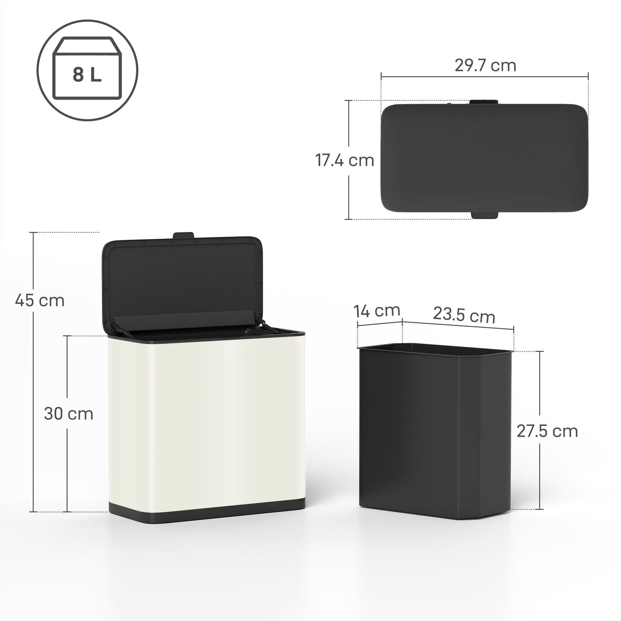 HOMCOM 8L Hanging Kitchen Bin, Rubbish bin with Lid and Removable Inner Bucket for Kitchen Cabinet Door, Under Sink, Office 