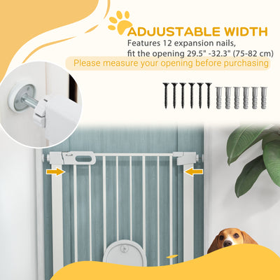 PawHut 75-82cm Pet Safet Gaye, Pressure Fit Stair, with Cat Flap, Double Locking, White 