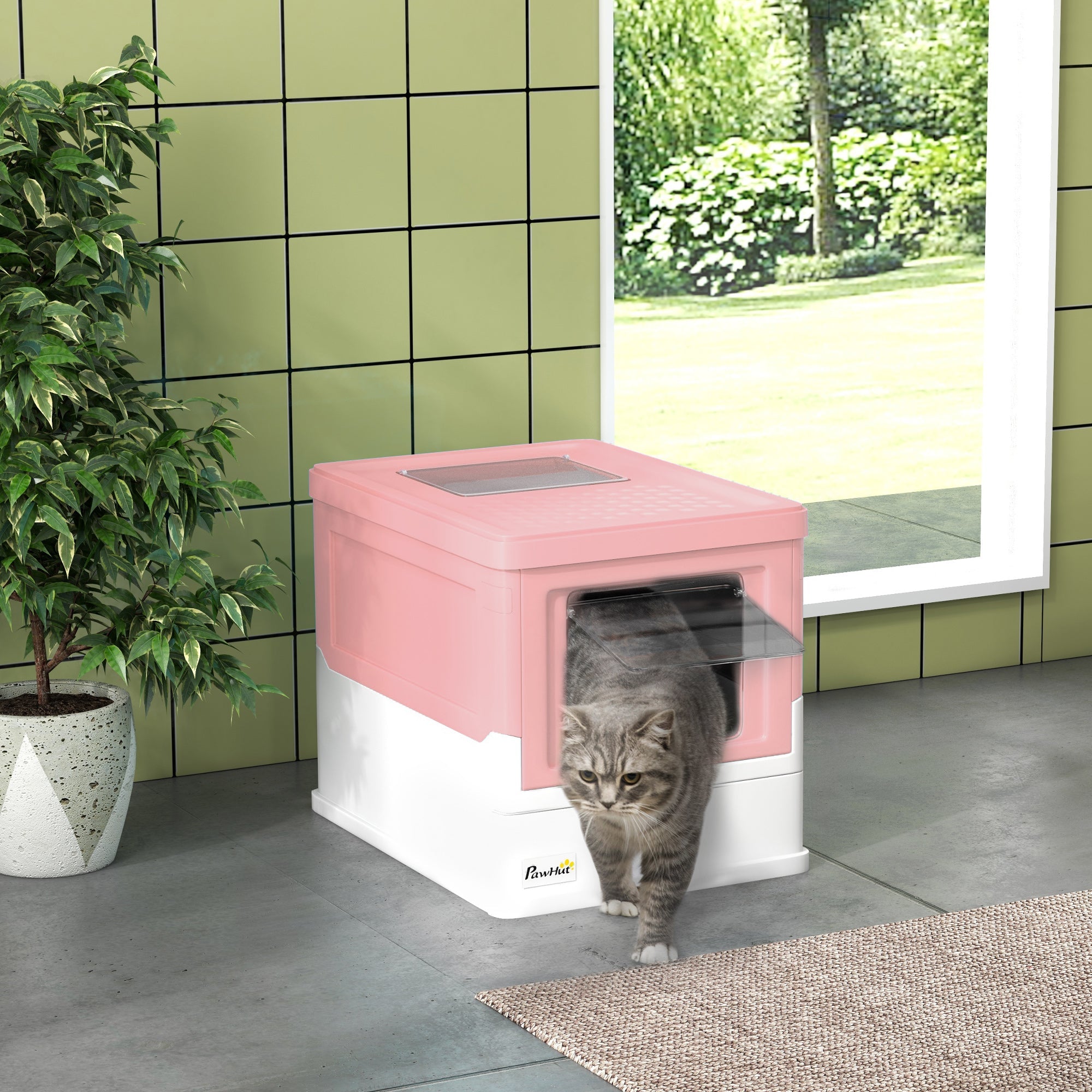 PawHut Hooded Cat Litter Box, Portable Pet Toilet, with Scoop, Front Entry - Pink 