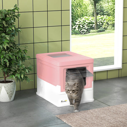 PawHut Hooded Cat Litter Box, Portable Pet Toilet, with Scoop, Front Entry - Pink 