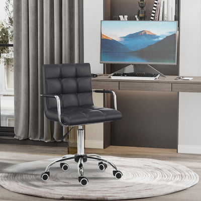 Vinsetto Office Chair, Makeup Vanity Chair, Mid Back Computer Chair, PU Leather Swivel Study Chair with Adjustable Height, Armrest and Rolling Wheels, Black 