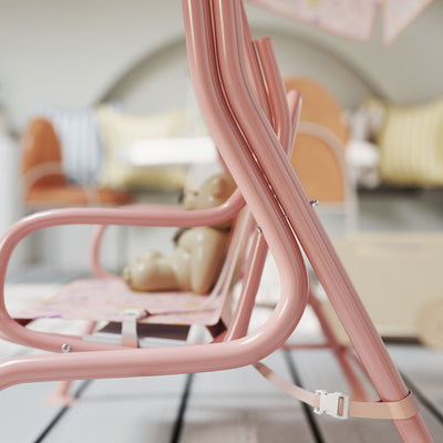 AIYAPLAY Kids Garden Swing Chair with Adjustable Canopy, Safety Belt, 2 Seater Hammock Swing Bench for Patio, Porch, Pink 