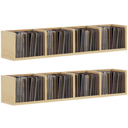 HOMCOM Wall Mount 84 CD / 56 DVD/Blu-ray/ Media Storage Rack 4 Cubes, Wooden Shelf Organiser Unit Bookcase Display, Set of 2, Natural Wood Finish