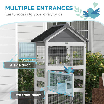 PawHut Wooden Bird Cage, with Stand, for Finches, Parakeets, Small birds - Grey 