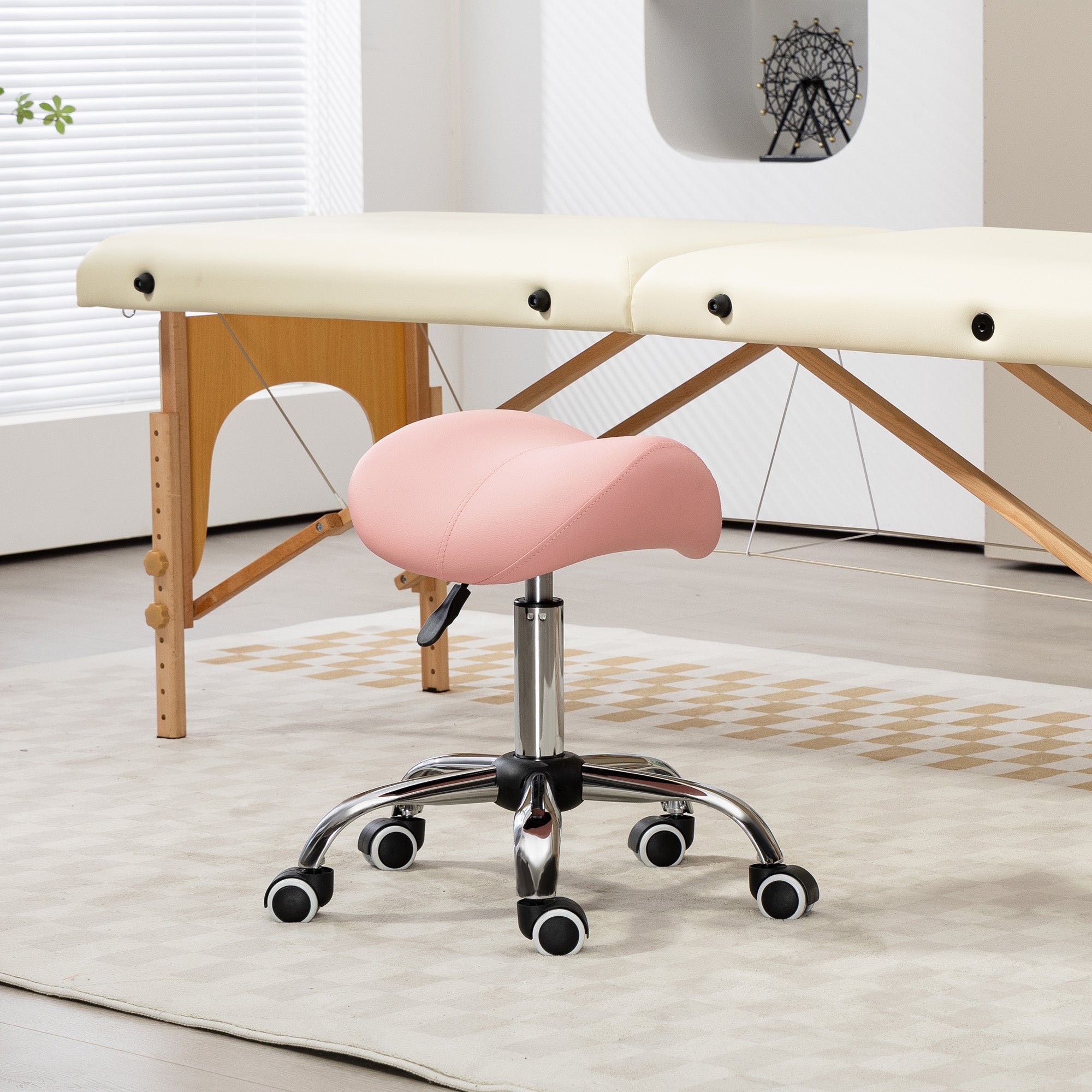 HOMCOM Saddle Stool, Height Adjustable Salon Chair for Massage Spa, Faux Leather, Pink 