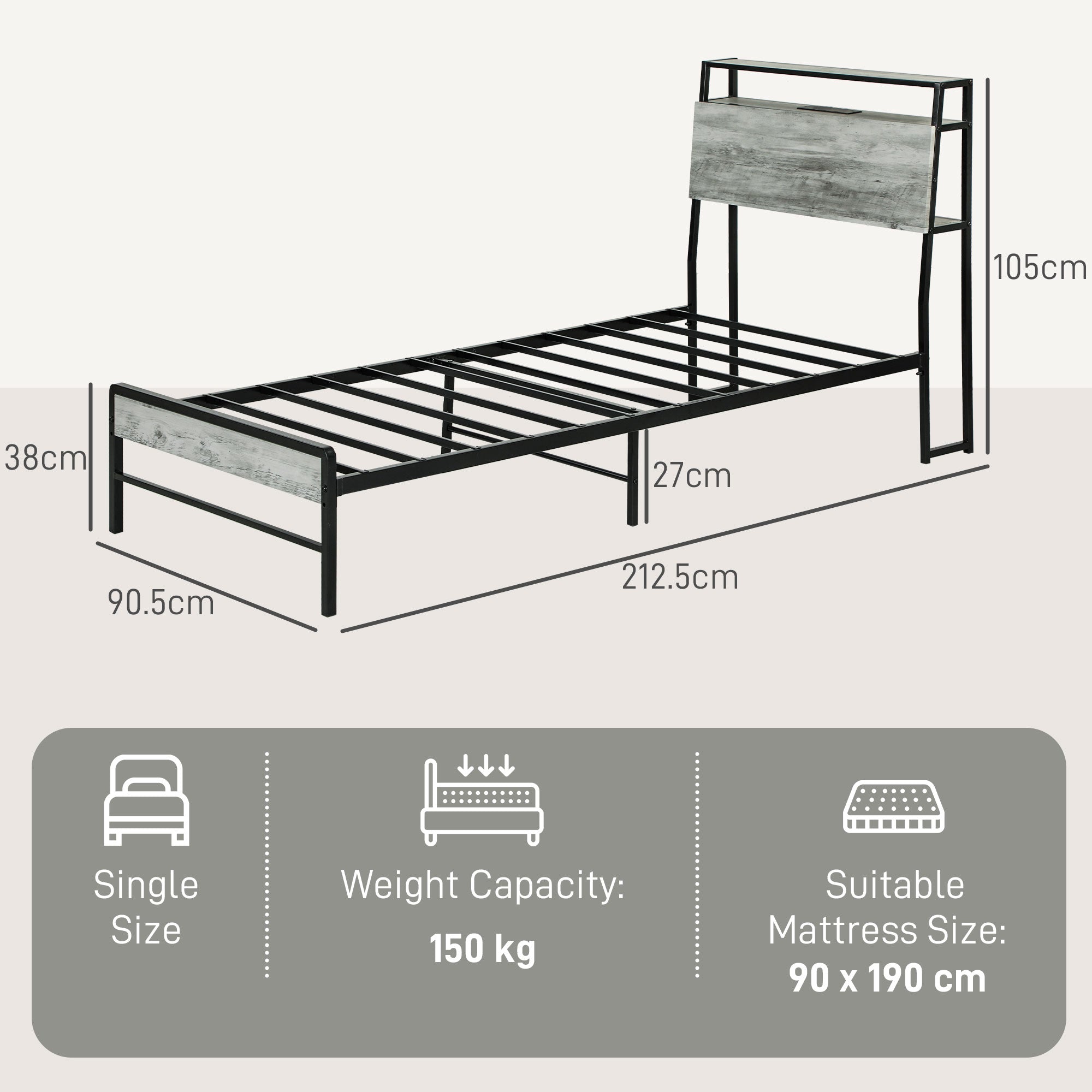 HOMCOM Single Steel Bed Frame, with LED Lights and Headboard Shelf - Grey 