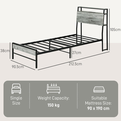 HOMCOM Single Steel Bed Frame, with LED Lights and Headboard Shelf - Grey 
