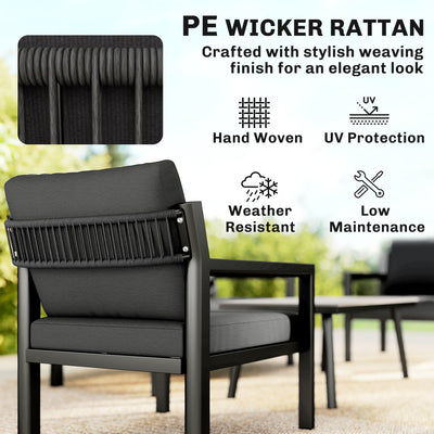 Outsunny 4 Seater Rattan Garden Furniture Set with 2 Armchairs, Loveseat, Coffee Table, Garden Sofa Set with Cushions, Dark Grey 