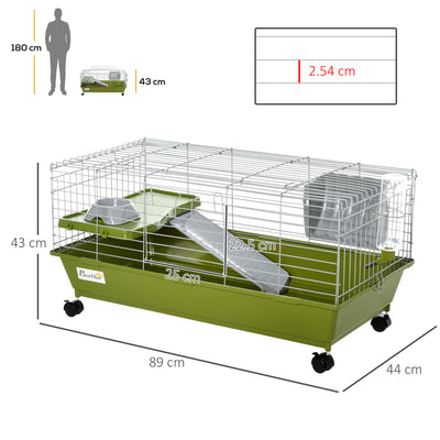PawHut Small Animal Cage Rabbit Guinea Pigs Chinchillas Cage w/ Wheels Water Bottle Food Dish Platform Ramp 89 x 44 x 43 cm Green 