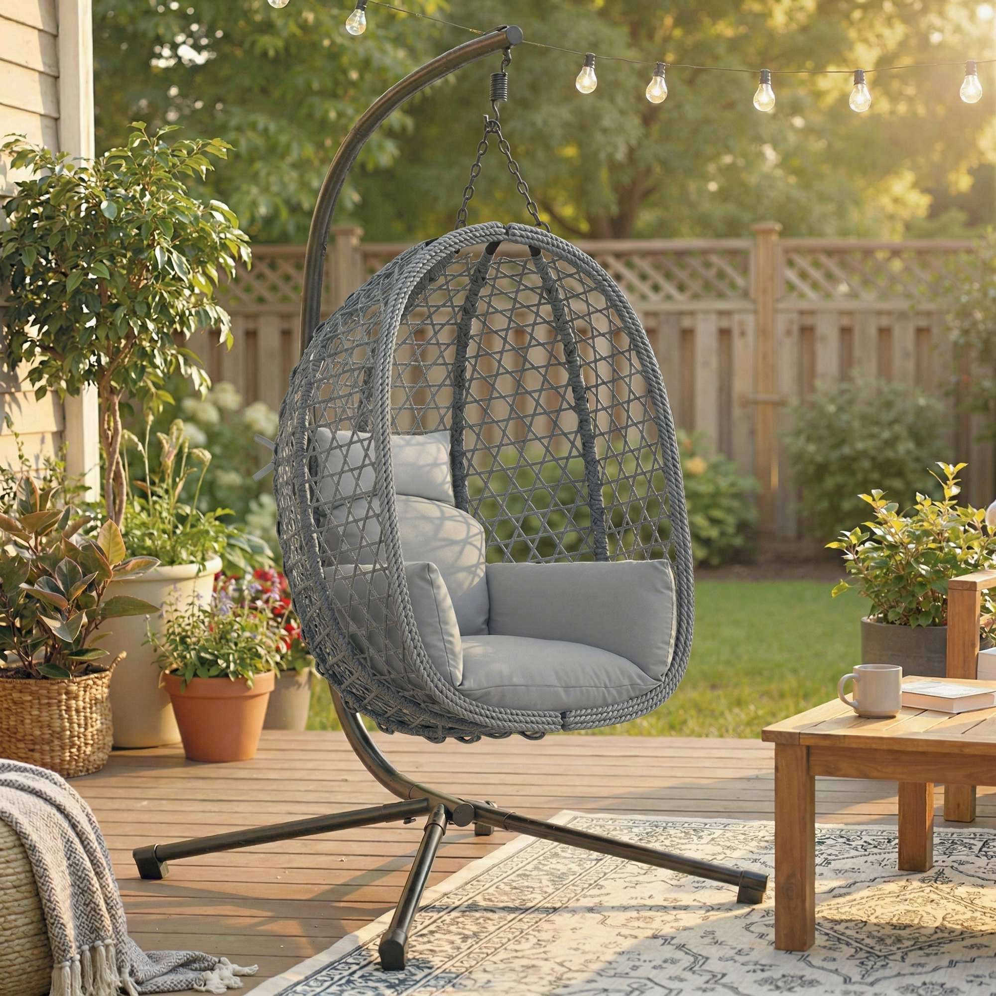 Outsunny Hanging Egg Chair, Indoor Outdoor Rattan Hammock Swing Chair with Stand, Safety Strap, Foldable Basket, Dark Grey 