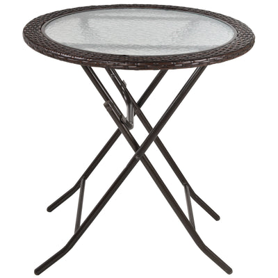 Outsunny Folding Rattan Garden Dining Table, 68 cm Round Rattan Garden Table with Water Ripple Tempered Glass Top, Wicker Edging  and Steel Frame for Outdoor, Patio, Brown 