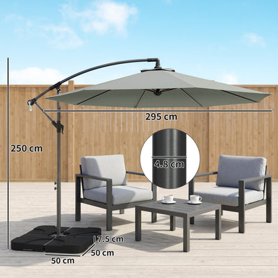 Outsunny 3m Overhanging Parasol, with Base, Weights and Cover - Light Grey 